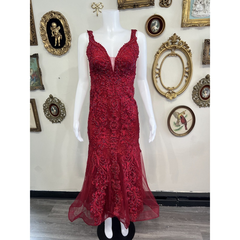 JVN by Jovani Red Sequin Embroidered Mermaid Ballgown Size 6
